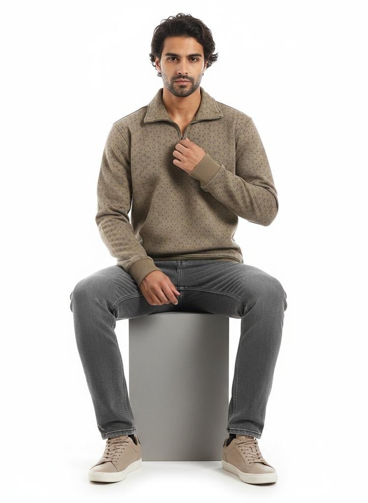 Pavone Self Pattern Zip Through Neck Sweatshirt - Taupe - Image 2